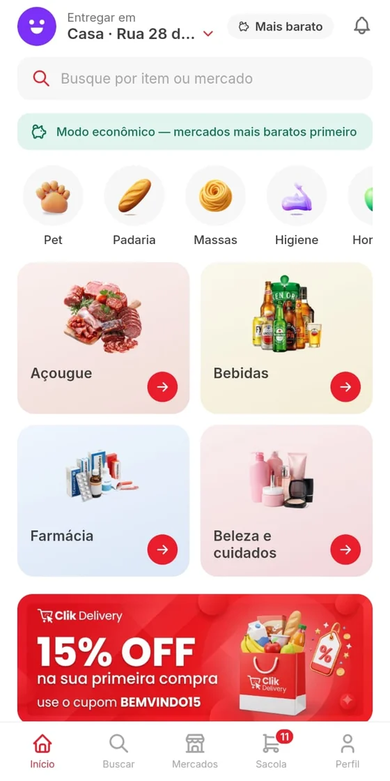 Tela inicial do app do Clik Delivery: categorias, atalhos de Açougue, Bebidas, Farmácia e Beleza, e cupom de primeira compra.